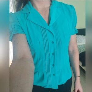 Turquoise Pleated Blouse With Ruffle Sleeves